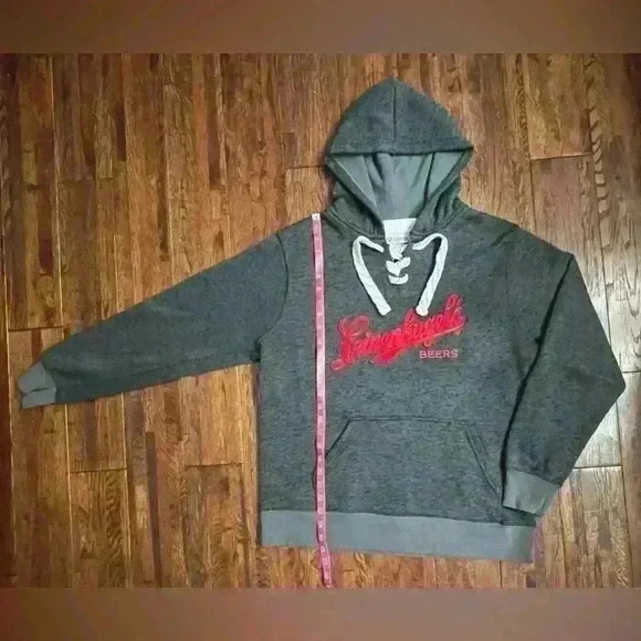 LEINENKUGEL Lace Up Pullover Hooded Knit Sweatshirt in Grey with Embroidery - Picture 3 of 9